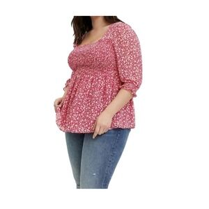 Torrid Peplum Top Womens 3‎ Pink Floral Smocked Square Neck Ruffle 3/4 Sleeve